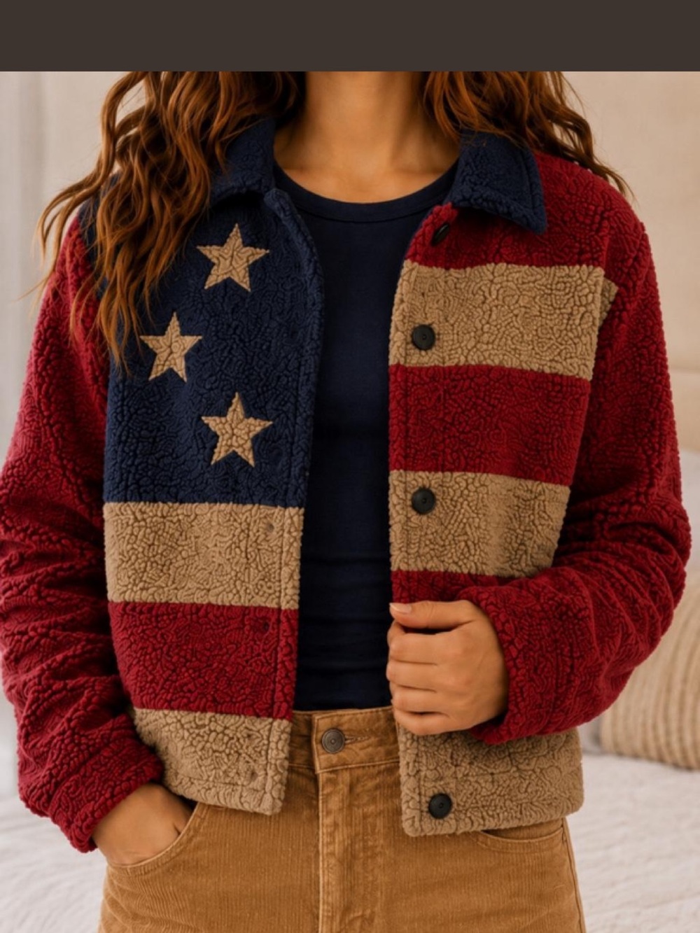 Tasha Polizzi Sherpa Jacket in Red, Navy & Tan